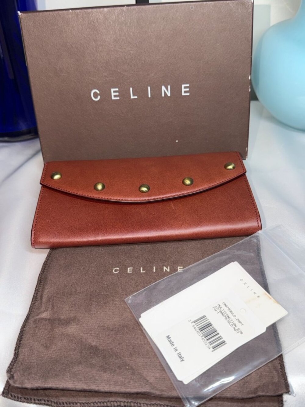 Celine Paris Vintage 1990s-2000s Studded Brown Leather Long  Wallet Full Inclusi